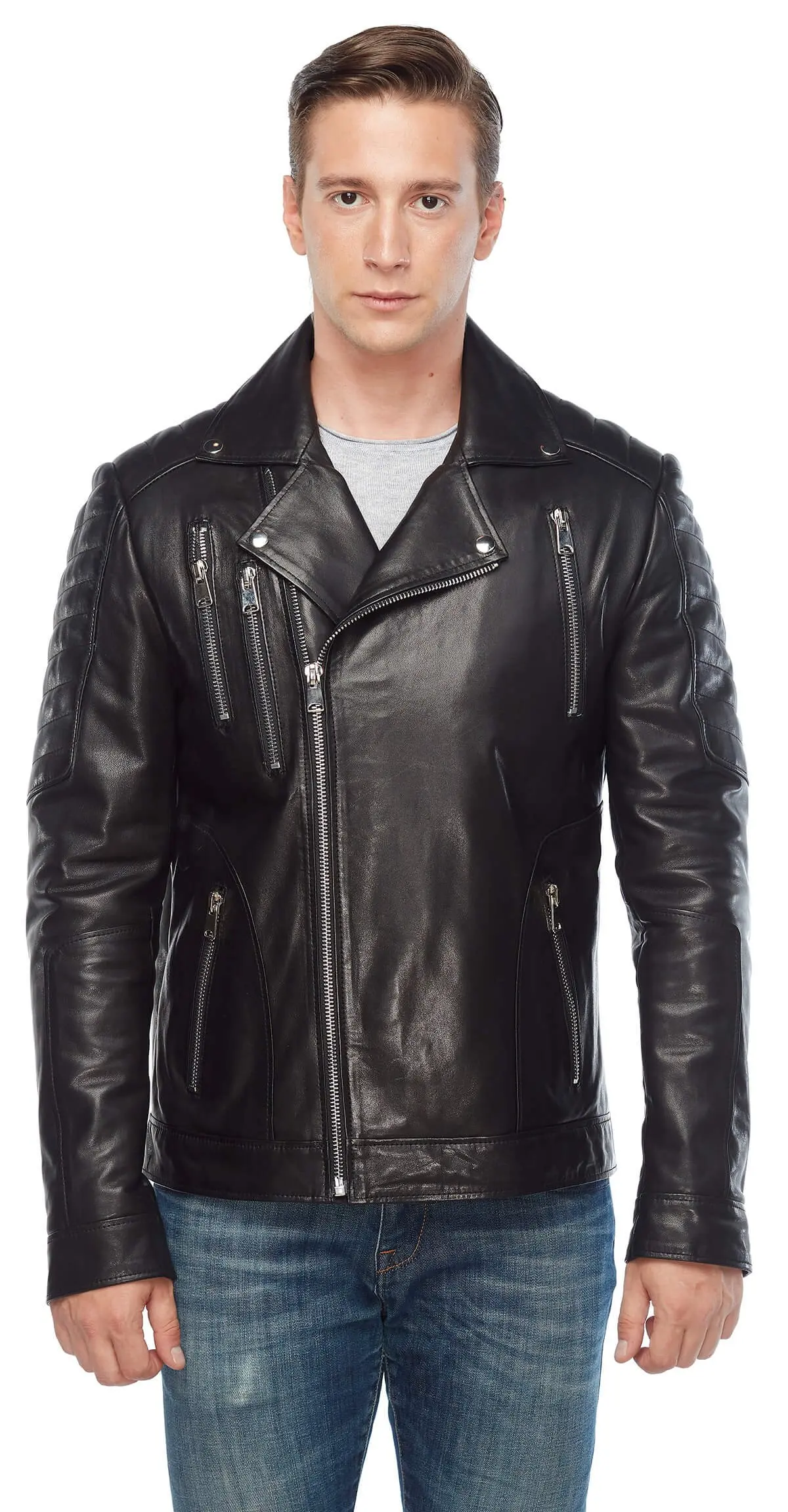 Casto Biker Chính Hãng Phối Da Đen Gốc Da Cừu Thu Đông 2022 Biker Slim Size Lớn VintageTürkiye