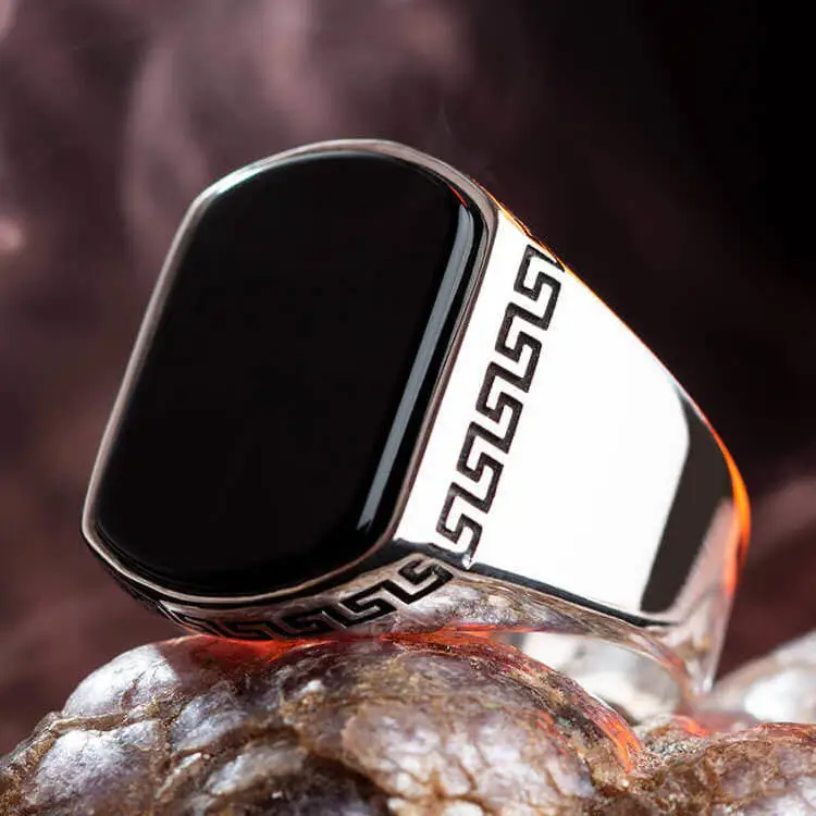 Plain Silver Mens Ring with Black Onyx Stone Fashion Turkish Premium Quality Handmade Jawelery