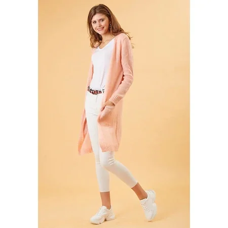 Basic Pockets Long Color Rose Color Knitwear Cardigan