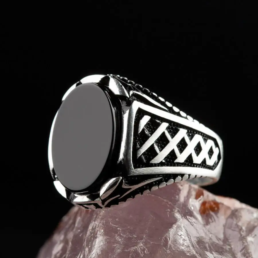 Silver Mens Ring with Black Oval Onyx Stone Fashion Turkish Premium Quality Handmade Jawelery