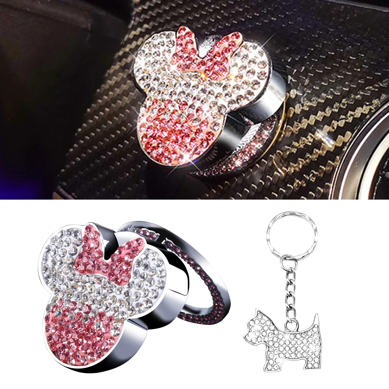 Bling Push Start Button Cover Diamond Blue Pink Cute Car Accessories for Women Engine Start Stop Button Cover Interior Sticker