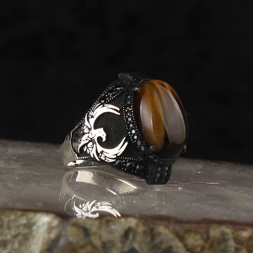 Eagle 925 Sterling Silver Ring for Men Tiger Stone . Jewelry Fashion Vintage Gift Onyx Aqeq Mens Rings All Size