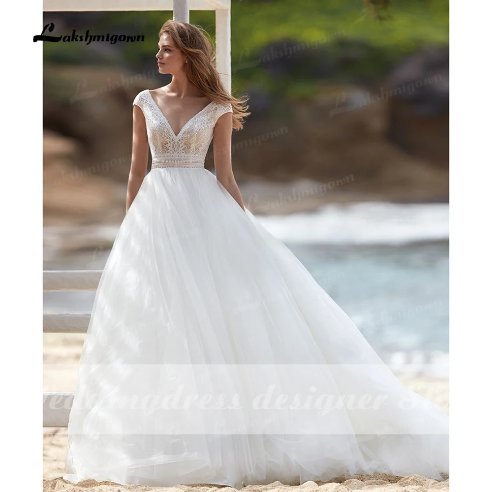 2022 vestido Boho Brautkleider A-linie Spitze Mieder Off-weiß Tüll Strand Brautkleid V-ausschnitt Kappen-hülsen robe femme mariages