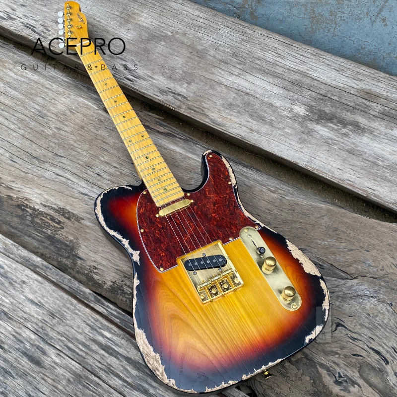 

Acepro Ash Body Relic Electric Guitar, Vintage Sunburst Color, Maple Neck, Abalone Inlays, Gold Hardware, Handmade Aged Guitarra