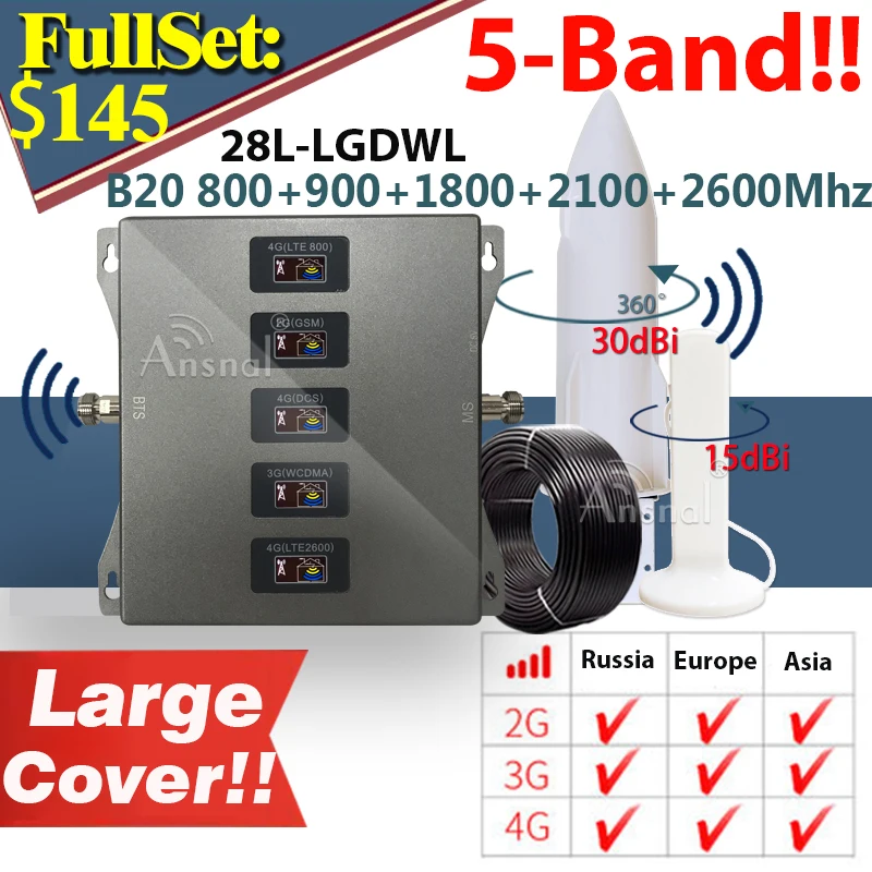 New!! Five-Band B20 800/900/1800/2100/2600 CellPhone 4G Cellular Amplifier GSM Repeater 2G3G4G MobilePhones 5G Signal Booster