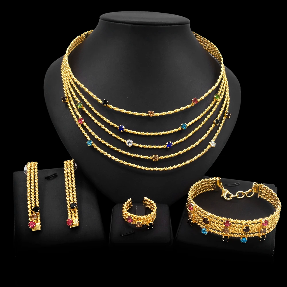 Women\'s Jewelry Set Brazilian Gold Color Necklace Colorful Artificial Stone Bracelet Earrings Hollow Design Gift Banquet Jewelry