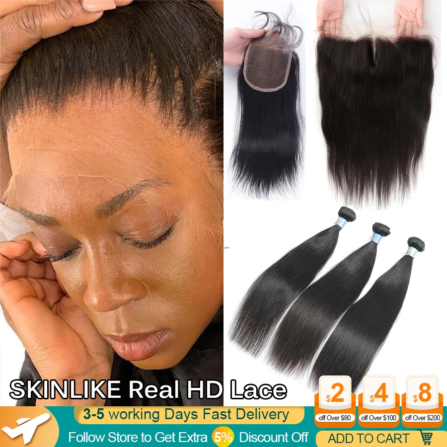 Straight Bundles With Closure HD Lace Frontal with Bundles Melt Skins Human Hair Bundles with Closure Pre Plucked Hair Extension