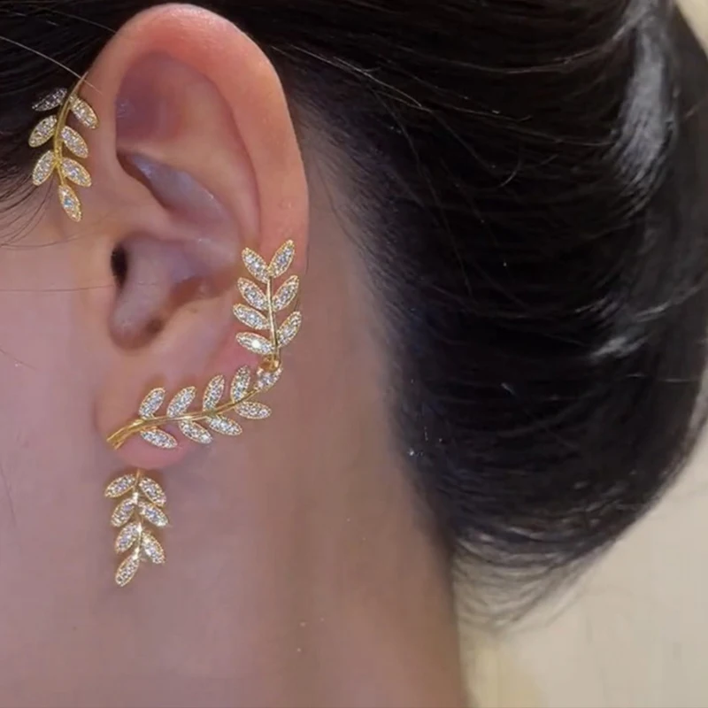 Exquisiter funkelnder Zirkon-Blätter-Ohrklemm-Ohrstecker für Damen, silberfarbene Kubikzirkonia-Ohrringe, Partyschmuck – Detail 2