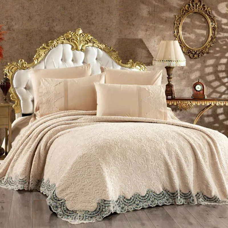 2022 New Season 100% Cotton 63 Wire Akfil Fabric French Lace Embellished Double Blanket Set 6 Pieces Cream Pink Brown