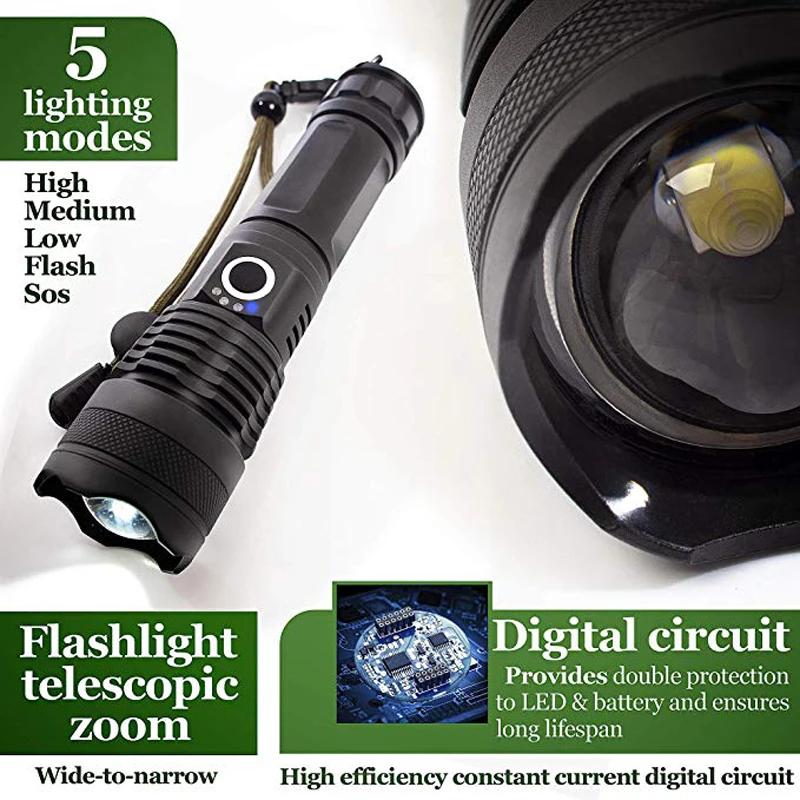 3000000LM XHP50.3 Aluminum Telescopic Zoom Flashlight Power Display USB Charging Outdoor Night Fishing Light Tactical LED Torch