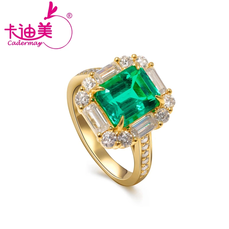 CADERMAY Real Gold 14k 18k Rectangle Rings Jewelry For Women With 8X10mm Emerald For Anniversary Engagement Wedding Gift