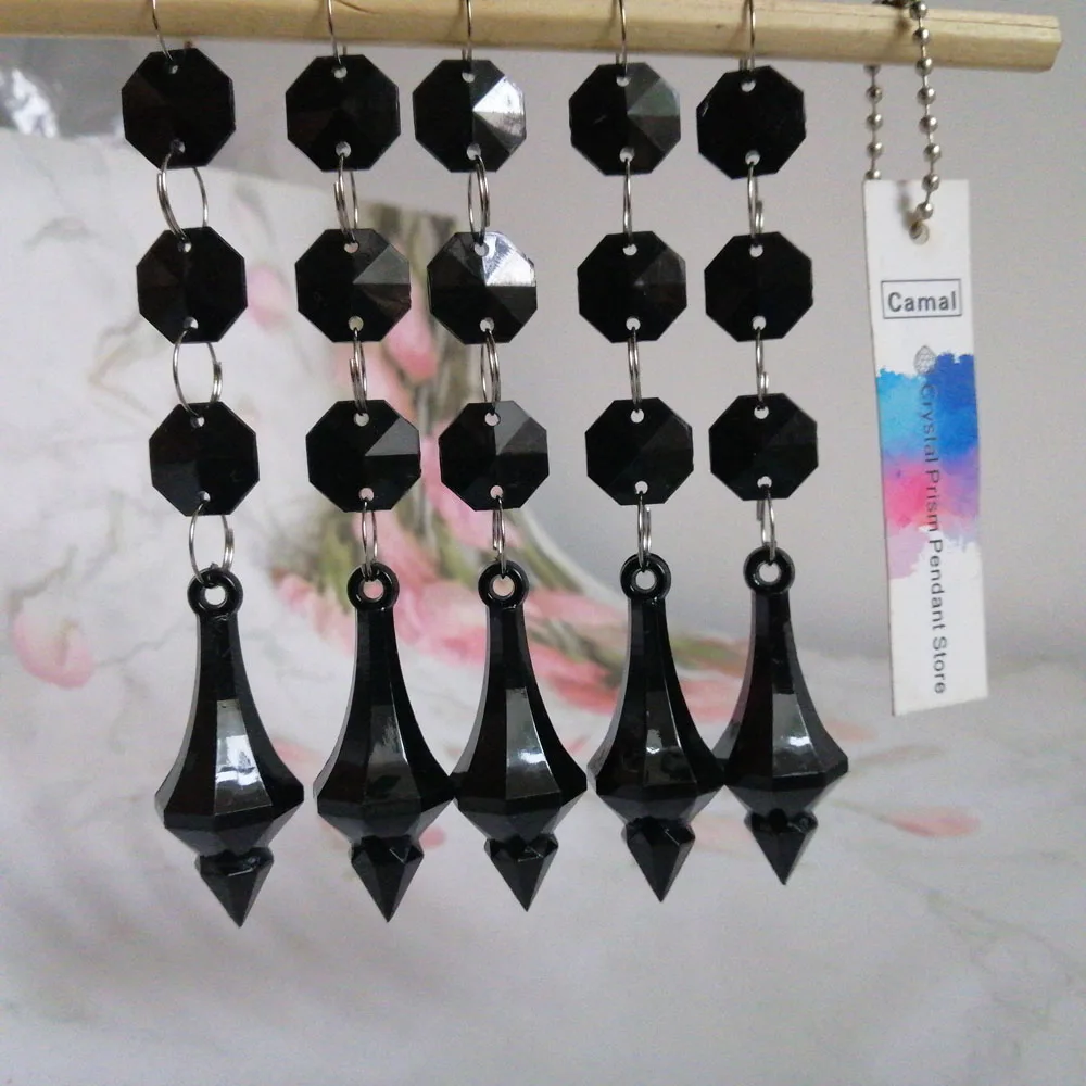 Camal 5pcs 115mm Black Acrylic Octagonal Bead String Prisms Garland Chandelier Hanging Home Party Curtain Wedding Centerpiece