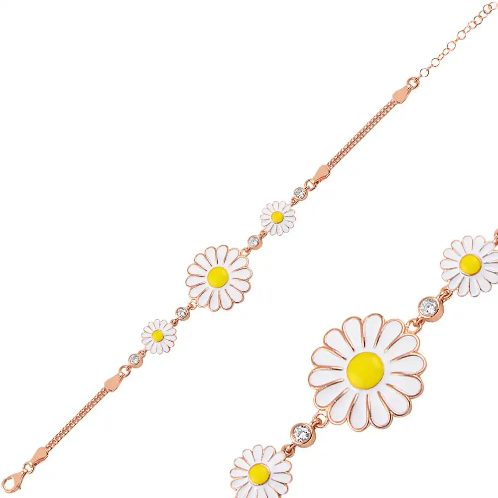 925 Sterling Silver Women Wristband Bracelet 3 Chamomile Flowers Gift Birthday Precious Stylish Chain Luxury