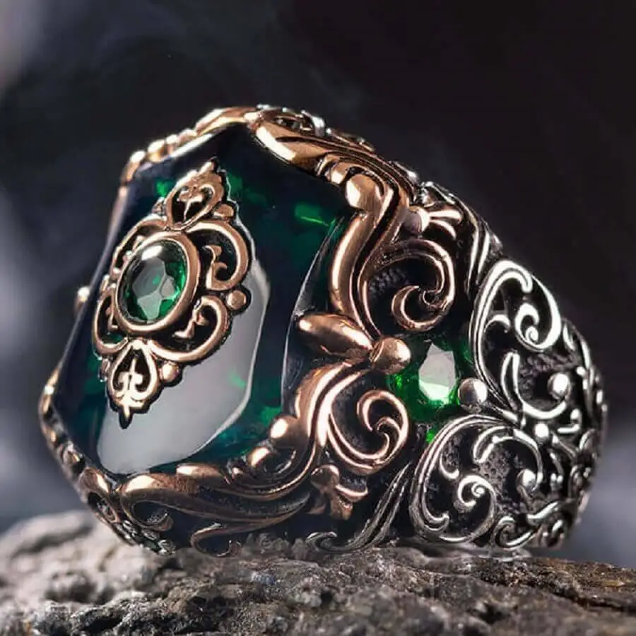 Fashionable Design Zircon Green Stone Silver Men's Ring Fashion Turkish Premium Quality Handmade Jawelery