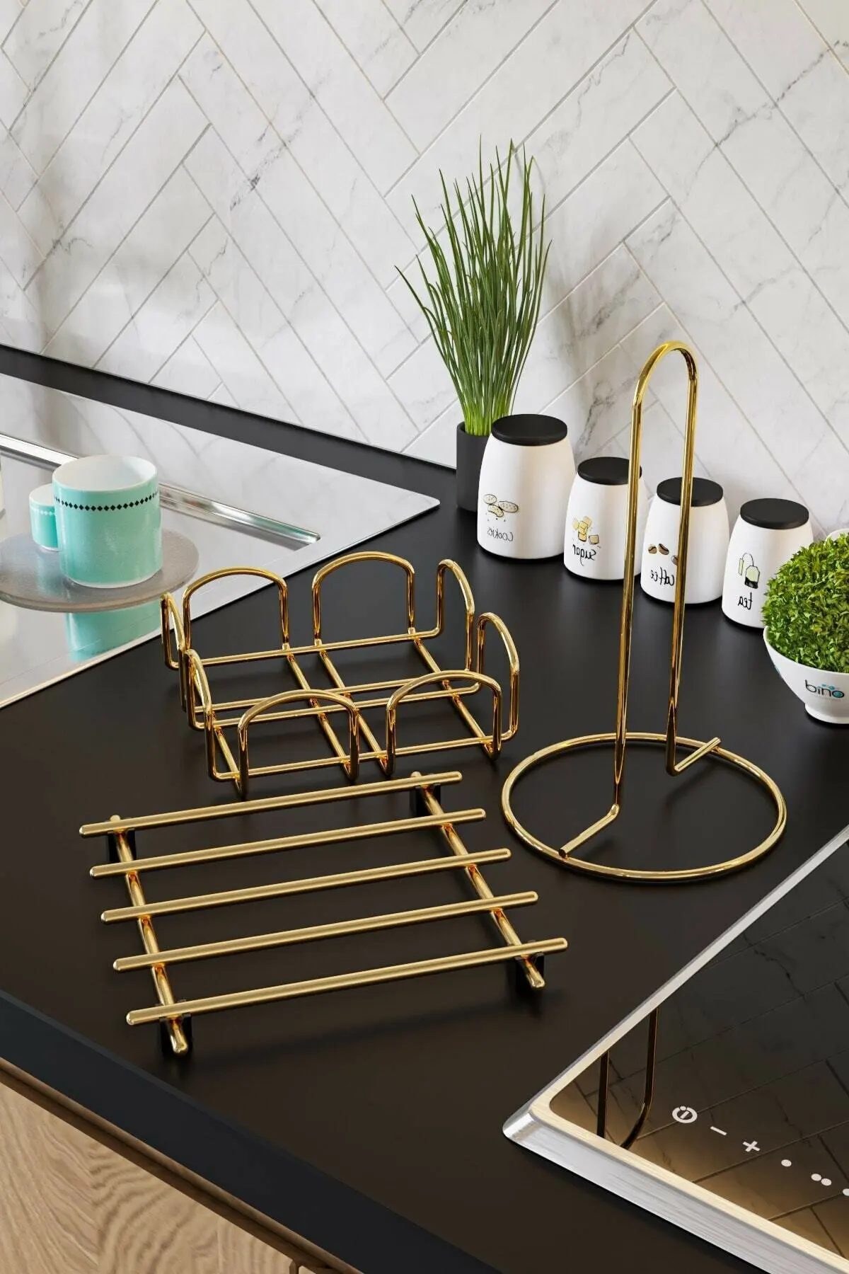 

Kitchen Service Presentation Set 3 Pcs Towel Holder Napkin Holder Mat Kitchen Sets Home Decor Gold Stainless Steel Table Decor