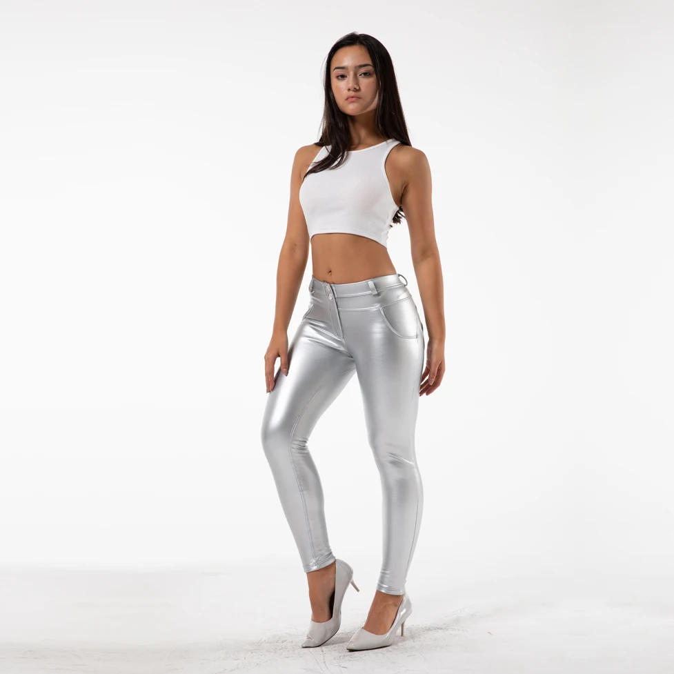 

Shascullfites Silver Leather Pants Metallic Pants Slim Fit Super Skinny Fleece Lined Scrunch Bum Lifted Pants