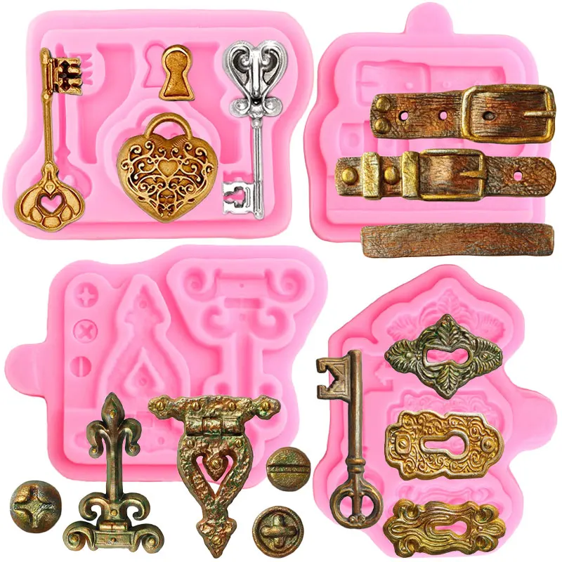 Vintage Key Keyhole Fondant Mold Screws Lock Catches Silicone Chocolate Candy Molds Cake Decorating Tools DIY Baking Accessories