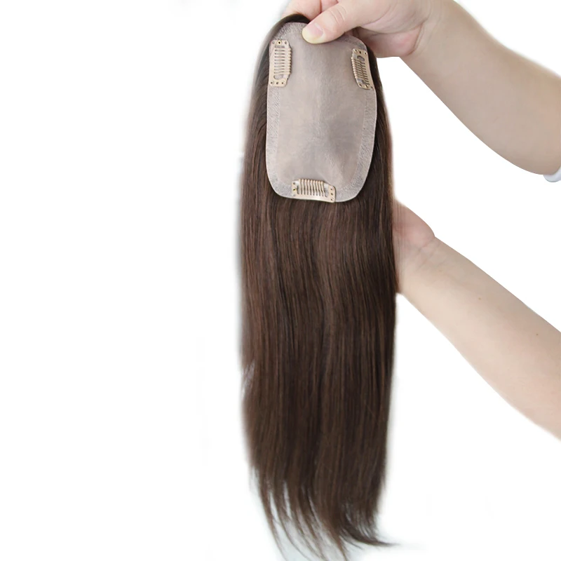 QHP Gerade Seide Basis Haar Topper Menschliches Haar Haar stück für Frauen Natürliche Farbe Remy Frauen Toupet mit Doppel Knoten 14 "-" 16