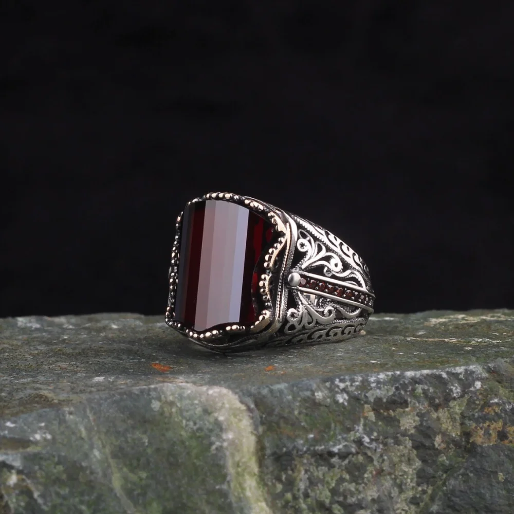 925K Sterling Silver Ring, Garnet Gemstone With Zircon Stones Unique Jewelry Handmade Stylish Vintage Accessory Fine Workmanship