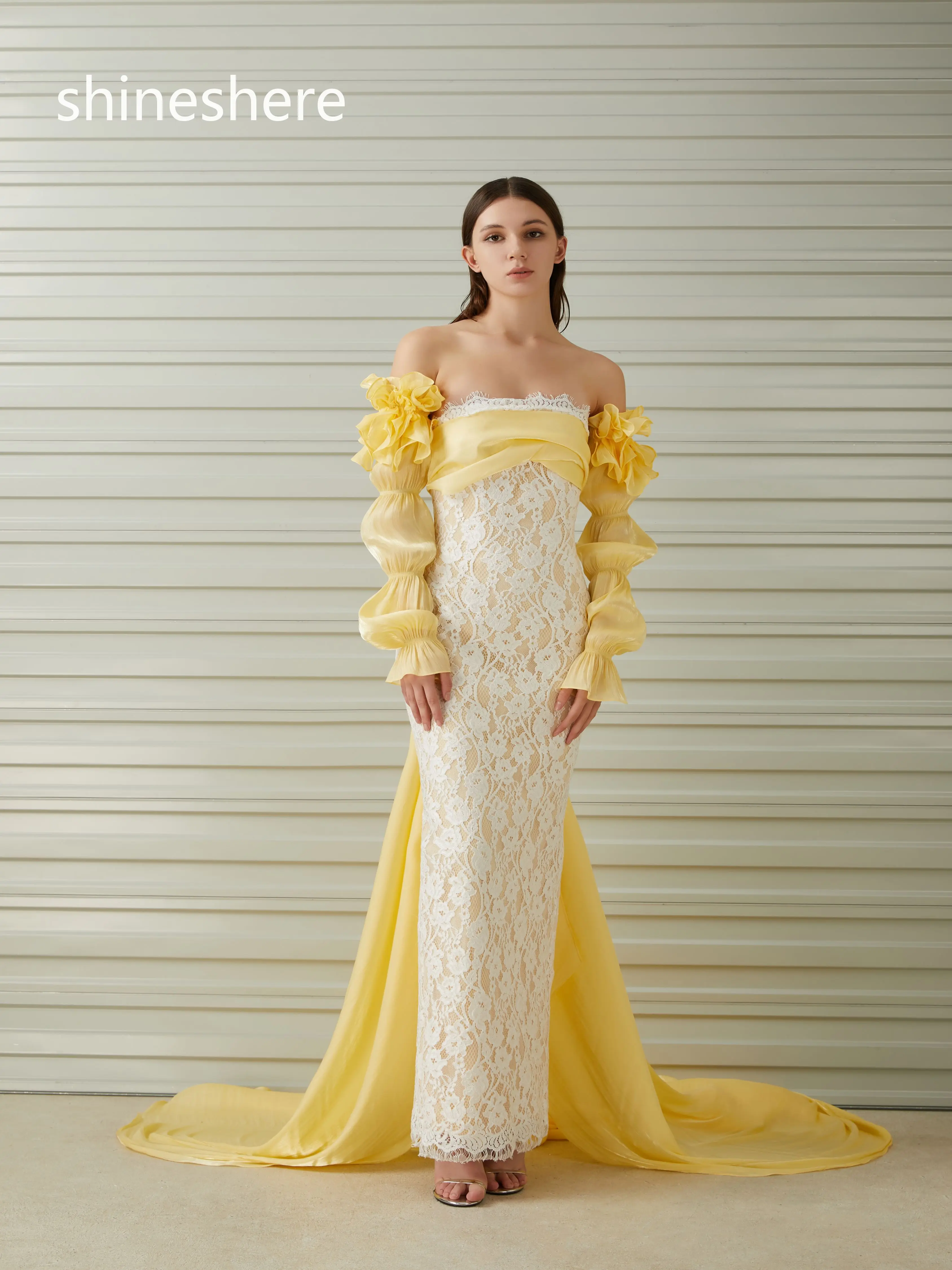 Vestido de festa amarelo brilhante com ombro off, vestido bonito com mangas ffles e renda de sereia para casamento