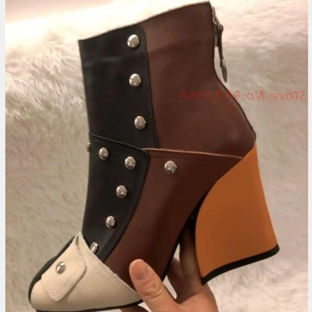 Irregular Splicing Rivet Mixed Colors Ankle Boots Square Toe Hollow High Block Heels Genuine Leather Outfit Women Shoes Casual