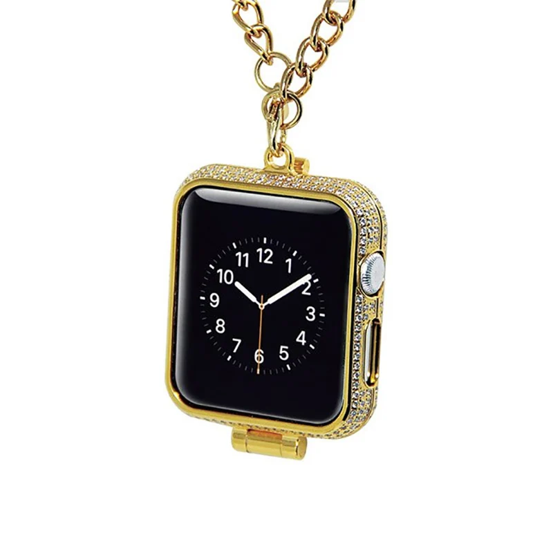 Luxury bling rhinestone diamonds encrusted 24kt 24ct gold plated jewelry watch necklace cover case for Apple watch series1&2&3