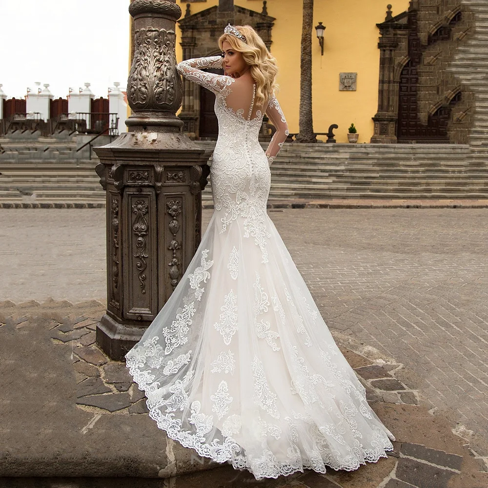 Laço de manga longa sereia vestido de casamento querida decote botão elegante voltar vestidos noiva moderno vestidos de noiva feitos sob encomenda