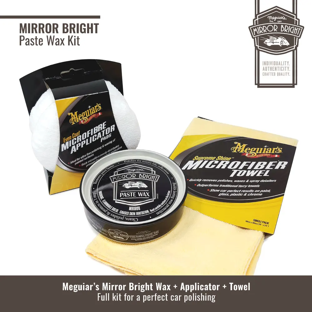 Kit Meguiar's Mirror Bright Paste Wax with applicators and microfiber cloth