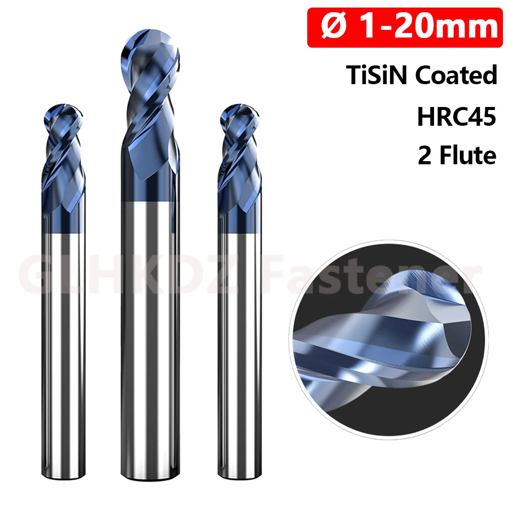 

R0.5 to R10 Solid Carbide TiSiN Coated Ball Nose End Mill Slot Drill 2 Flutes Spiral Router Bits CNC Lathe Milling Cutter HRC45