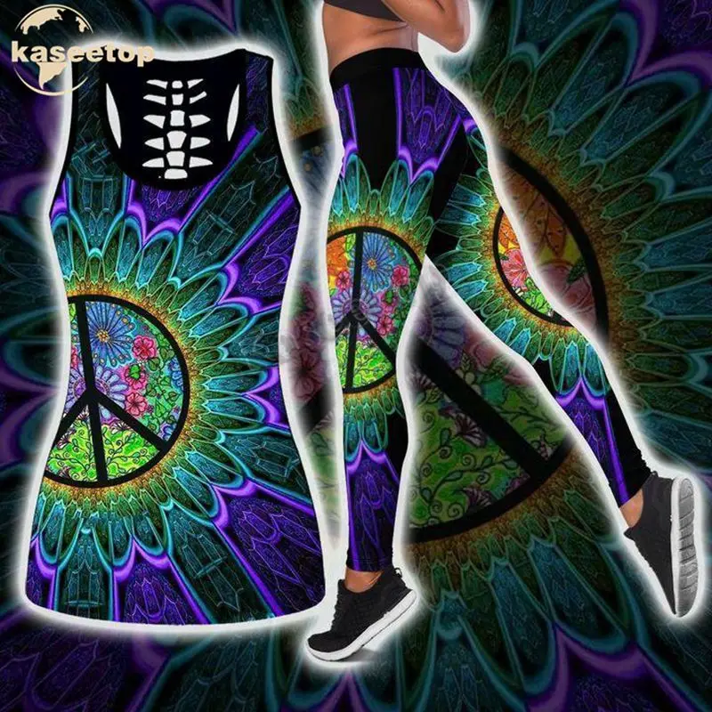 Hippie Signal Eye Flower Two Piece Yoga Set Women 3D Print Vest Hollow Out Tank Top High Waist Legging Summer Casual Sport LK255