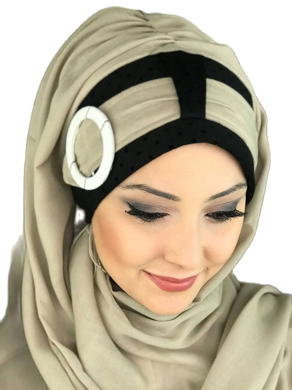 New Fashion 2021 Islamic Headscarf Turban Woman\'s Hat Spring Summer Scarf Bone Beige Color Buckle Belt Ready Shawl