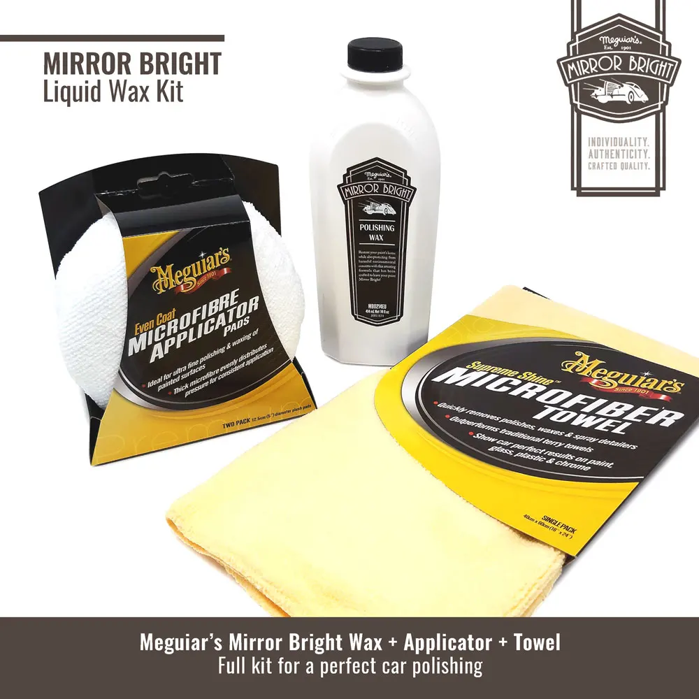 Kit Meguiar's Mirror Bright Liquid Wax with applicators and microfiber cloth