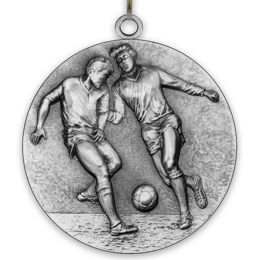 Large Metal Football Medal Male - Silver - 6,4 cm - with Neck Ribbon size 2,2cm x 80 cm - Choice of Ribbon Colours.