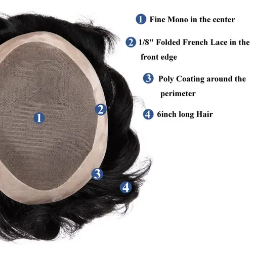 Imagen 2 del producto Peluca para hombres, peluquín de cabello humano, Mono fino, peluca masculina, 130% de densidad, peluquín de prótesis de cabello duradero para hombres, sistema de reemplazo de cabello de 6 ""para hombres