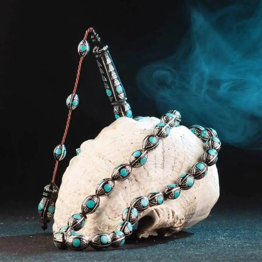 Kuka Rosary Men Barley Cut Rosary With Silver Turquoise Gemstone Embroissed Turkish Tasbih Bead Tassel Made in Turkey