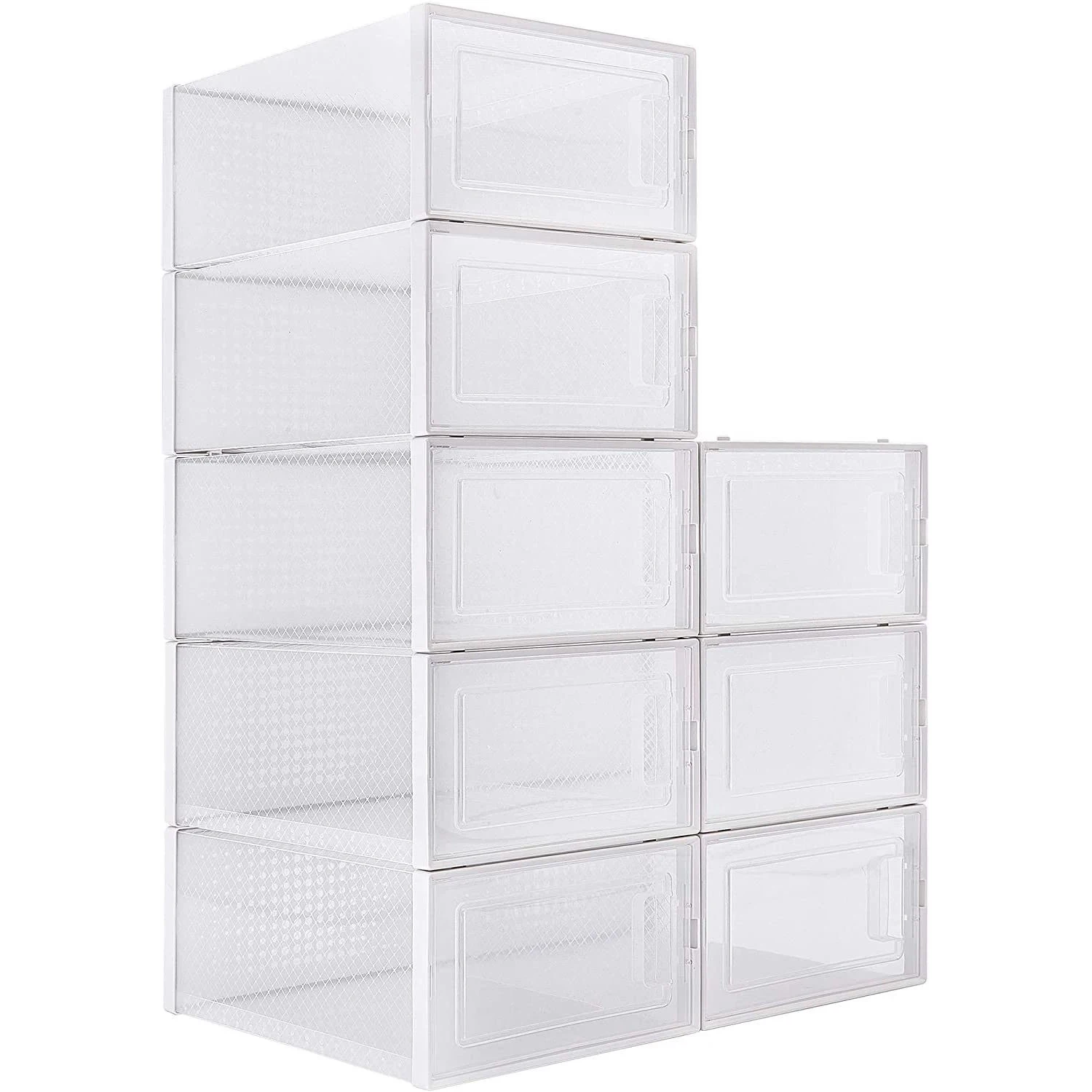 8pcs Foldable Storage Shoe Box Stackable Clear Sneaker Display Box Storage Bins Shoe Container Organizer White/Black[US-W]