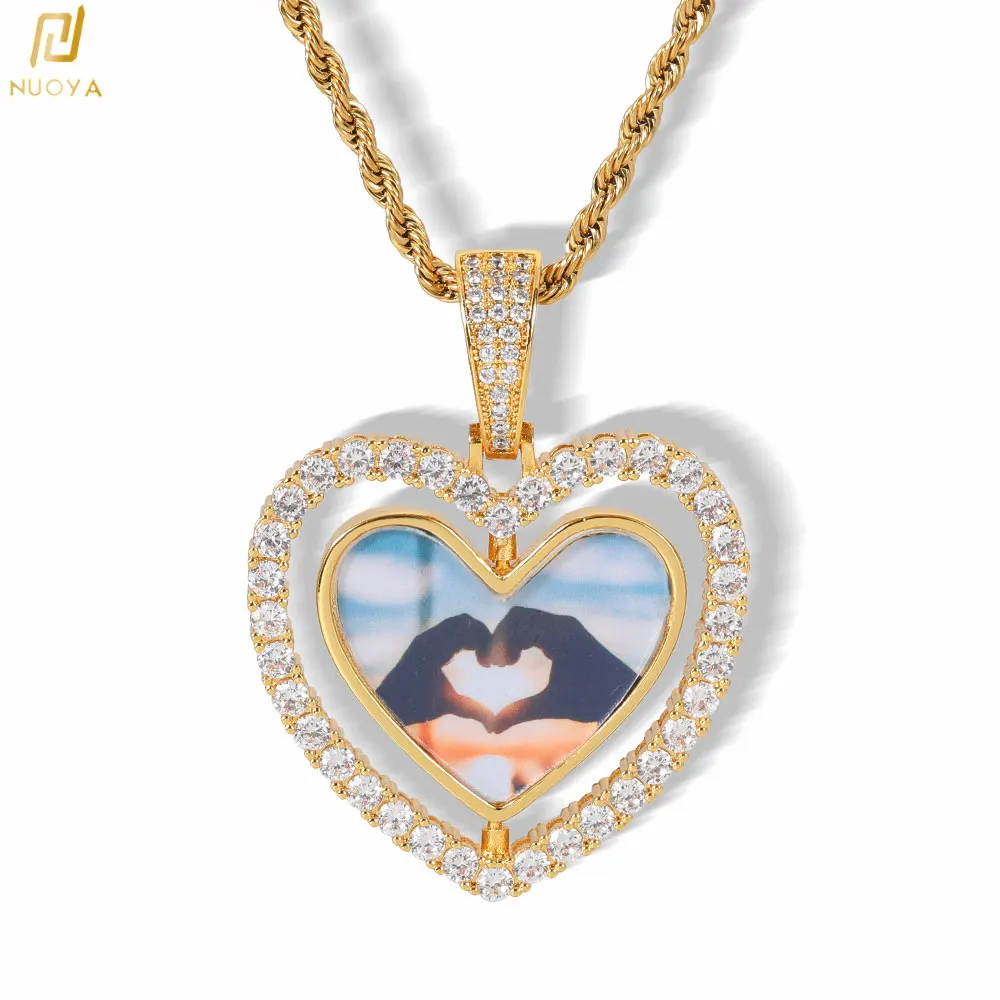 

Custom Made Heart Photo Rotating Double-Sided Medallion Pendant Necklace Zircon Men/Women Hip Hop Jewelry