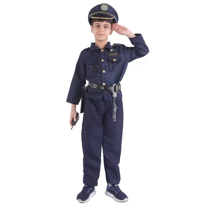 Children Police Cosplay Costume Halloween Carnival Party Role Play Clothing Hat Holster Handcuff Full Walkie-talkie Whistle Set