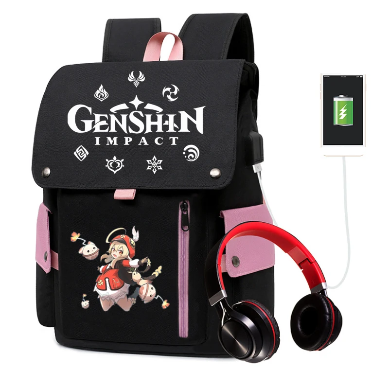 Genshin Impact Backpack with Hair Ball Teen Boys Girls School Bag