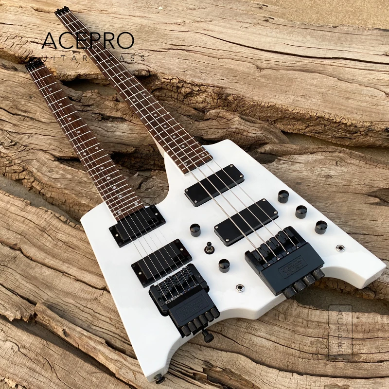 Double Neck Headless Electric Guitar, White Color,Tremolo Bridge, 6 String Guitar + 4 String Bass Combo, 24 Frets Black Hardware