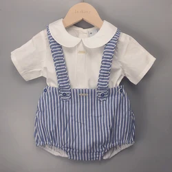 2Pcs Children Boutique Clothing Baby Boy Blue Navy Set Cotton Short Sleeves Shirt  Striped Straps Shorts Eid Clothes For 6m-3y