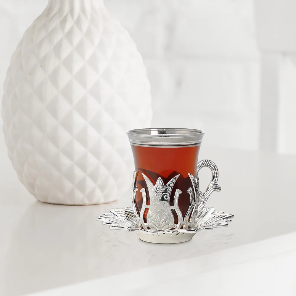 Turkish Tea Glasses Set For Six Person, Silver Color Unique