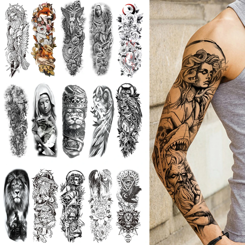 Totem Geometric Sleeve Tattoos For Men Waterproof Temporary Tattoos Painting Warrior Flower Sticker Fake Flash Tattoo Body Art