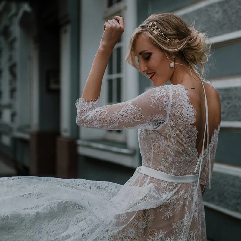 Lange Ärmel Hochzeit Kleid Spitze Strand Champagne Futter Boho Elopement 2021 Rustikalen Backless Brautkleider Tasten Nach Maß