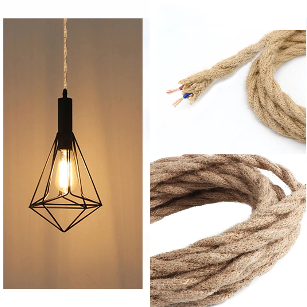 GANRILAND EU Plug Twisted Hemp Rope Power Cord Retro E27 Lamp Base Socket Cable 2/3 Meters Twine Switch Wire For Lighting Decor