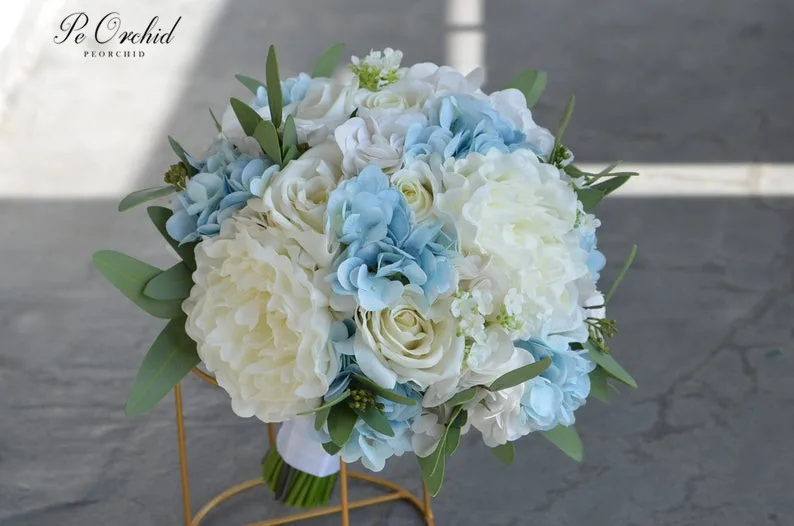 PEORCHID-ramos de novia azul claro para playa, flores de seda rústicas, hortensias artificiales, rosas blancas de marfil, ramo de boda de peonía