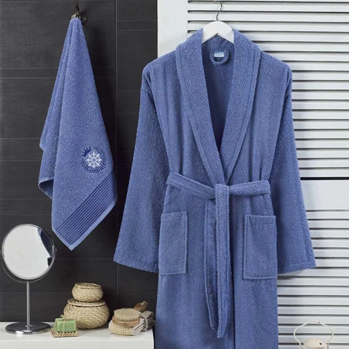 2 Pcs Lux Soft Cotton Blue Bathrobe Set For Men 1 Bathrobe 1 Head Towel Bathrobe Set Nightrobe Sleepwear Home Wear Robe Turkey