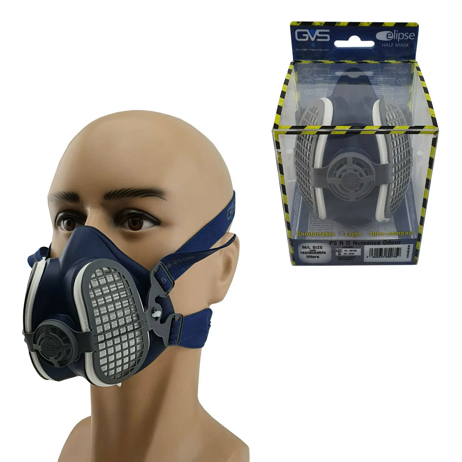 Dust and Nuisance Odor Half Face Mask Respirator GVS SPR502 P3 installed with twin activated carbon P3 filters M-L Size N95 FFP3