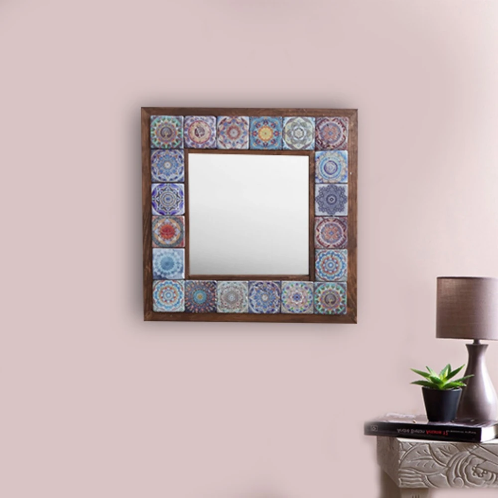 Handmade Wall Mirror Decorative Natural Stone Wooden Framed Art Decor Vintage Mosaic Printed Tile Square Gift Hang 33cmx33cm