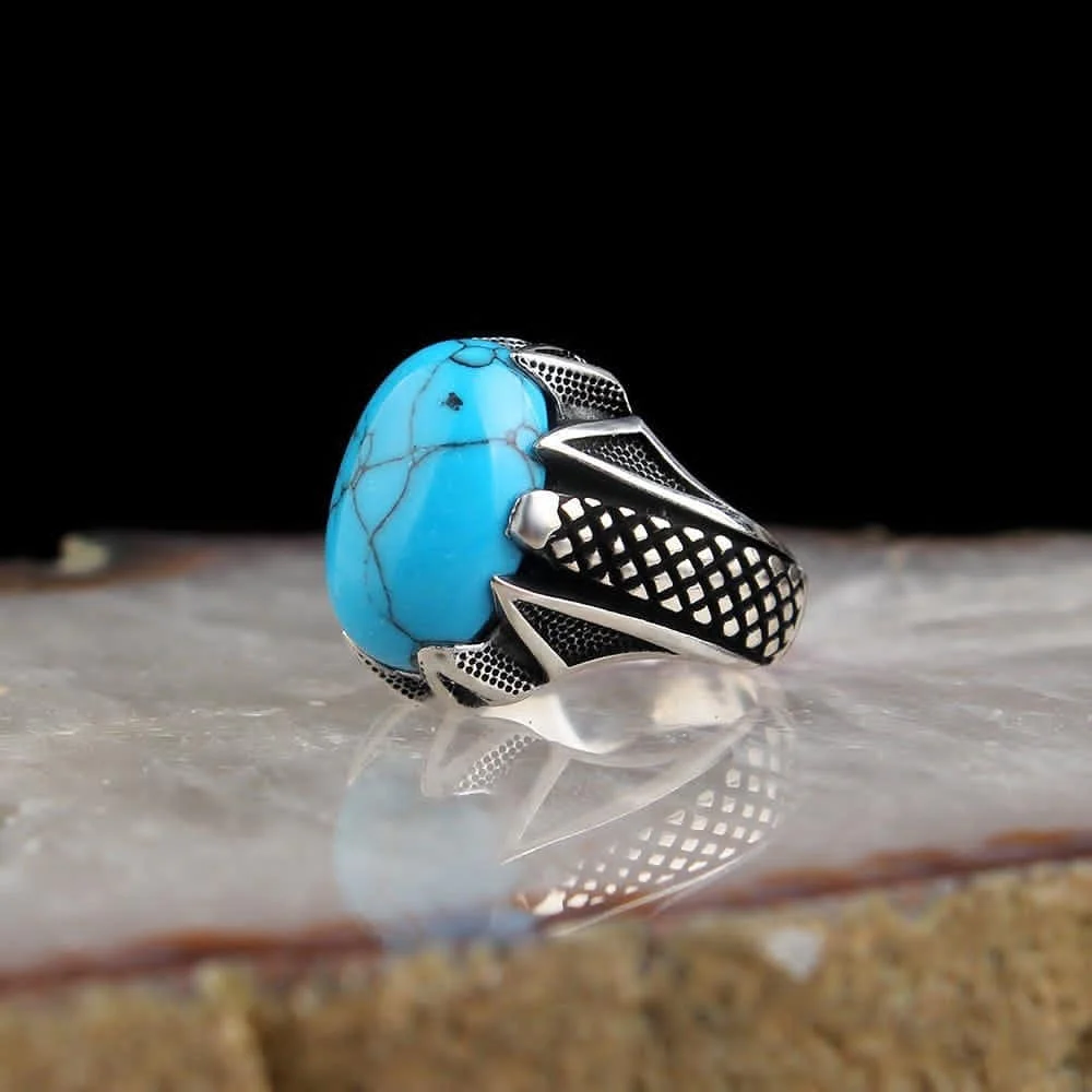 

925 Sterling Silver Ring for Men Turquoise Stone, Jewelry Fashion Vintage Gift Onyx Aqeq Mens Rings All Size